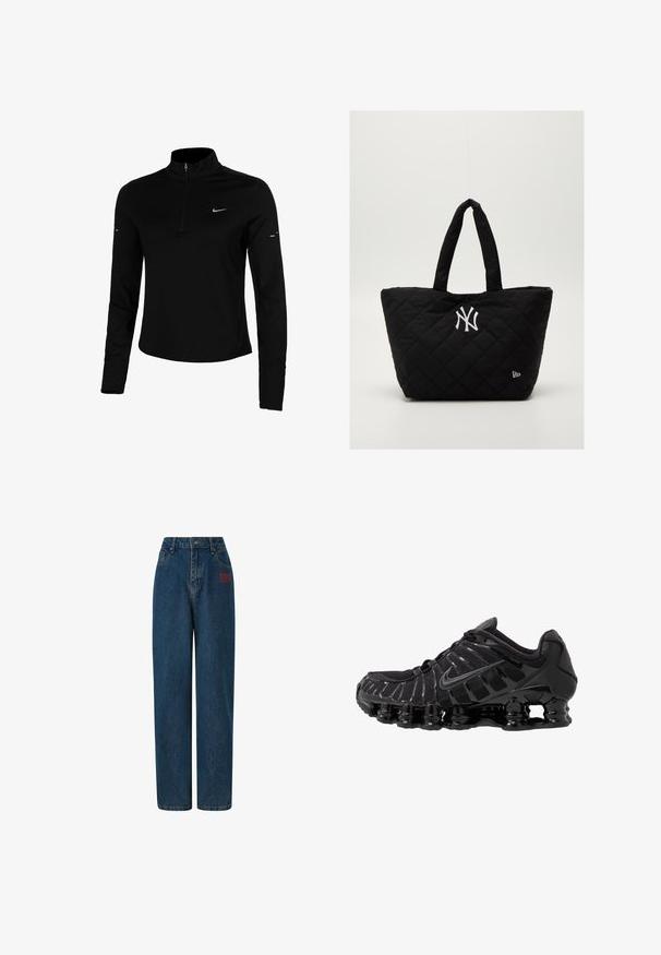 Sort langærmet træningstrøje med halv lynlås, krave, reflekterende Nike-logo og flatlock-sømme for komfort og en tætsiddende pasform.; Mørkeblå denim jeans med høj talje, bred benpasform, frontlommer og rød broderet logo på venstre side. Rent, klassisk design.; Sort atletisk sko med mesh-overdel og glatte overlays. Har buet spiralbøsningsdæmpning og strukturerede linjer på siden. Nike-logoet er synligt.; Quiltet sort tote bag med dobbelte håndtag, med et hvidt New York Yankees-logo og et lille brandemblem på siden.