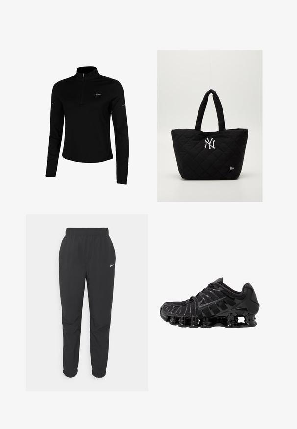 Sort langærmet træningstrøje med halv lynlås, krave, reflekterende Nike-logo og flatlock-sømme for komfort og en tætsiddende pasform.; Sort, lette joggebukser med elastisk talje og manchetter. Har et lille hvidt Nike-logo nær venstre hofte. Glat tekstur.; Sort atletisk sko med mesh-overdel og glatte overlays. Har buet spiralbøsningsdæmpning og strukturerede linjer på siden. Nike-logoet er synligt.; Quiltet sort tote bag med dobbelte håndtag, med et hvidt New York Yankees-logo og et lille brandemblem på siden.