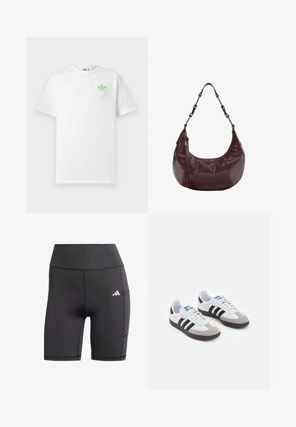 Bílý bavlněný tričko s krátkým rukávem, na levé straně hrudi s malým zeleným logem Adidas. Jednoduchý, klasický design s kulatým výstřihem.; Černé sportovní šortky vyrobené z elastického materiálu, s vysokým pasem, plochými švy a bílým logem na levém boku.; Sportovní boty s bílým koženým svrškem, šedou semišovou špičkou a třemi černými pruhy. Obsahují modré logo na jazyku a texturovanou gumovou podrážku.; Burgundská kožená kabelka s kulatým tvarem, řetízkem a koženým popruhem, se sklady a zipovým uzávěrem na boku.