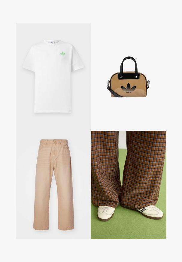 T-shirt en coton blanc à manches courtes, arborant un petit logo Adidas vert sur la poitrine gauche. Design simple et classique avec un col rond.; Jean large beige avec une taille haute, cinq poches et un bouton en métal. Fait en denim avec une texture lisse.; Un pantalon large à carreaux marron et bleu associé à des chaussures blanches avec des accents noirs et des semelles texturées, le tout sur fond vert.; Sac à main beige avec des accents en cuir verni noir, de forme arrondie, double anses, et un logo noir en relief à l'avant.