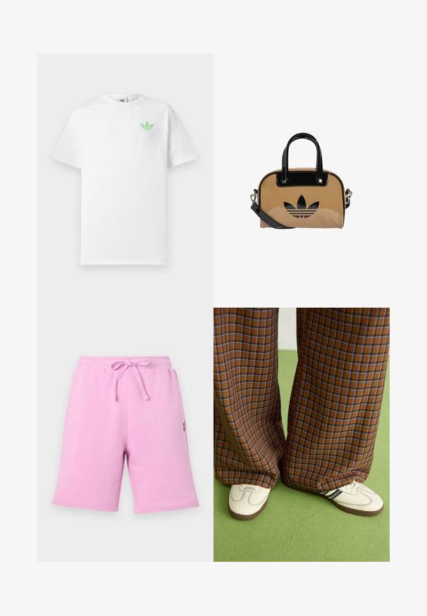 Biele tričko z bavlny s krátkymi rukávmi, s malým zeleným logom Adidas na ľavej hrudi. Jednoduchý, klasický dizajn s okrúhlym výstrihom.; Ružové bavlnené šortky s elastickým pásom a nastaviteľnou šnúrkou. Obsahujú bočnú vrecko a malú logovú úpravu.; Hnedé a modré kárované nohavice s širokými nohavicami skombinované s bielymi topánkami s čiernymi akcentmi a textúrovanými podrážkami, umiestnené na zelenom pozadí.; Béžová kabelka s čiernymi lakovanými akcentmi, zaoblený tvar, dvojité uchá a embosované čierne logo na prednej strane.
