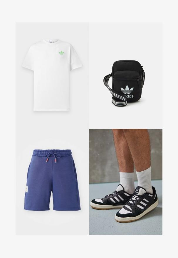 Biele tričko z bavlny s krátkymi rukávmi, s malým zeleným logom Adidas na ľavej hrudi. Jednoduchý, klasický dizajn s okrúhlym výstrihom.; Námorníckosivé športové šortky s elastickým pásom, so šnúrkami a bočnými vreckami. Vyrobené z mäkkého materiálu s hladkou textúrou.; Čierno-biele tenisky s vrchom z semišu a kože, s troma bielymi pruhmi, perforovanou špičkou a gumovou podrážkou.; Čierna textilná crossbody taška so zipsovým uzáverom, ktorá má biele logo Adidas a pruhovaný nastaviteľný popruh pre jednoduché nosenie.