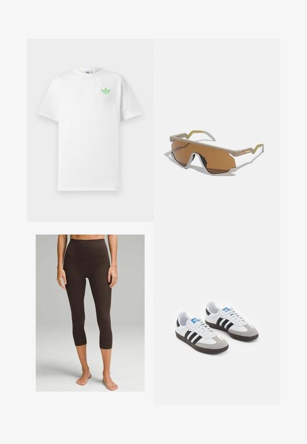 Bijela pamučna majica kratkih rukava, s malim zelenim Adidas logotipom na lijevoj strani prsnog koša. Jednostavan, klasičan dizajn s okruglim izrezom.; lululemon ALIGN™ HIGH-RISE 53 CM - Tajice - espresso; Sportske cipele s gornjištem od bijele kože, sivi suedinasti nos i tri crne pruge. Imaju plavi logo na jeziku i teksturiranu gumenu podlogu.; Sportske sunčane naočale s bež okvirom, velikim smešnim staklima, kutni dizajn i jedinstvenim zelenim akcentima. Imaju logo sa strane.