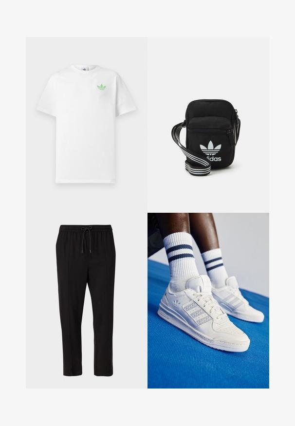 Biała bawełniana koszulka z krótkim rękawem, z małym zielonym logo Adidas po lewej stronie klatki piersiowej. Prosty, klasyczny fason z okrągłym dekoltem.; Only & Sons ONSSEJER czarny; Białe skórzane trampki z perforowanymi akcentami, trzema metalicznymi paskami i teksturowaną boczną panelą. Noszone z białymi skarpetkami z niebieskimi paskami.; Czarna torba crossbody wykonana z materiału, z zamknięciem na zamek błyskawiczny, z białym logo Adidas oraz regulowanym paskiem w paski, co ułatwia noszenie.