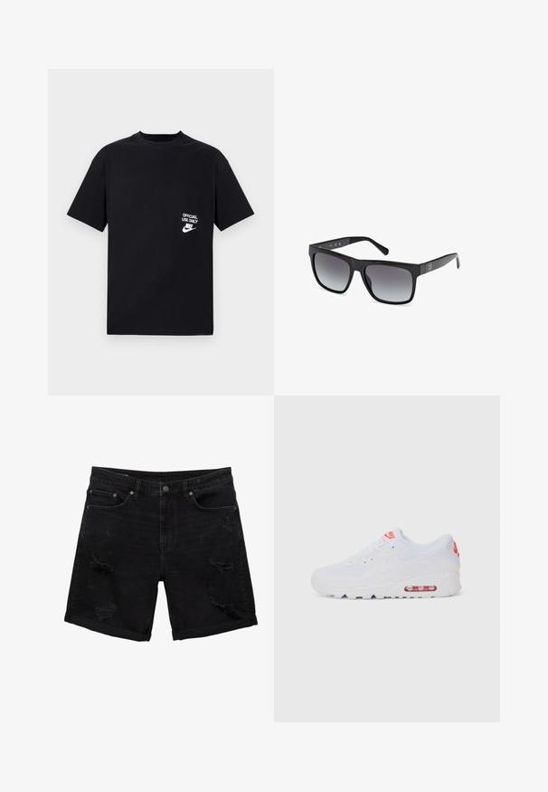 Zwarte katoenen T-shirt met korte mouwen, ronde halslijn, voorzien van witte tekst "ENKEL VOOR OFFICIEEL GEBRUIK" en het Nike-logo op de linkerborst.; Zwarte denim shorts met een ontspannen pasvorm, voorzien van distressed details, een vijf-pocket ontwerp en opgerolde zomen.; Witte sportieve sneaker met een gladde bovenkant, vetersluiting, gevoerde zool en een zichtbare luchtunit met rode accenten op de branding.; Guess Zonnebril - glossy black smoke gray