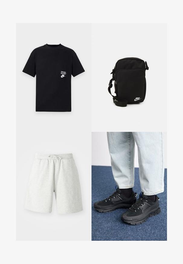 Mustat puuvillat-paita, jossa on lyhyet hihat, pyöreä kaula-aukko ja jossa on valkoinen teksti "VIRALLISEKSI KÄYTÖKSI AINOASTAAN" sekä Nike-logo vasemmalla rinnassa.; Vaaleanharmaat puuvillashortsit, joissa on joustava vyötärö, vetoketjuyksityiskohta ja sivutaskut. Pehmeä rakenne, polvipituiset.; Mustat urheilukengät, joissa on teksturoitu kangas ja kumipohjat, elastiset nauhat ja sininen yksityiskohta kannassa. Yhdistetty vaaleisiin farkkuihin.; Musta nailoninen olkalaukku, jossa on säädettävä hihna, vetoketjullisia osastoja ja valkoinen Nike-logo edessä. Suuri sileä rakenne, suorakulmainen muoto.