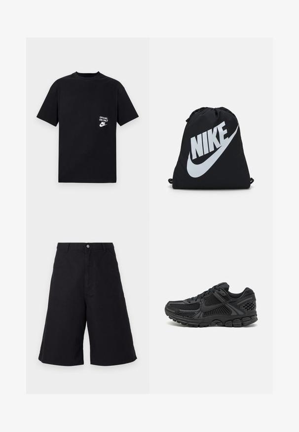 Fekete pamut póló rövid ujjú, kerek nyakkivágással, amelyen fehér felirat olvasható: "HIVATALOS HASZNÁLATRA" és Nike logó a bal mellen.; Fekete pamut rövidnadrág egyenes szabással, elülső zsebekkel, gombos záródással és olyan textúrával, amely alkalmas hétköznapi viseletre.; Fekete sportcipő, hálós felsőrésszel, gumitalppal és texturált részletekkel. A dizájn kiemelkedő fűzőrendszert és párnázott talpat tartalmaz.; Fekete zsák, behúzható zsinórral, nagy fehér Nike logóval. Könnyű anyagból készült, sima felülettel és kerek formával.
