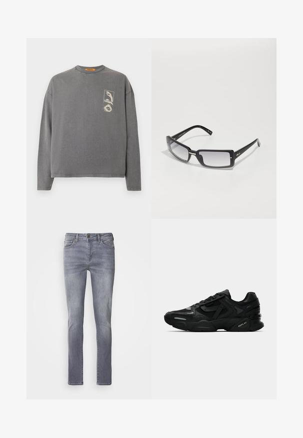 Replay Inc. Long sleeved top - stoned grey; Light grey denim jeans with a straight cut, featuring five pockets, brass button closure, and subtle fading on the legs.; Black athletic sneakers with textured upper, reflective accents, and cushioned soles. Features laces and brand logo on the side.; Black rectangular sunglasses with a gradient lens, featuring a thick frame and metal accent details on the arms. Smooth texture throughout.