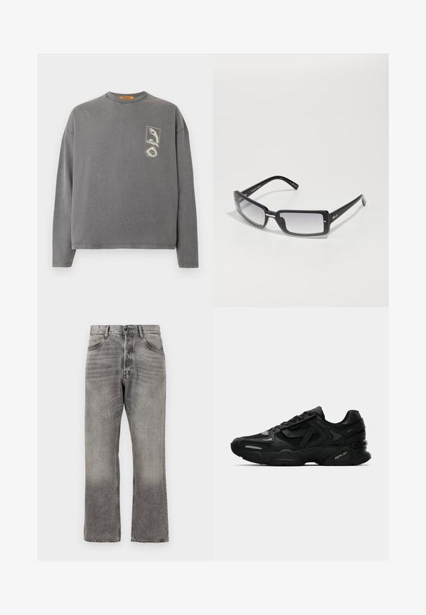 Replay Inc. Camiseta de manga larga - stoned grey; Vaqueros de mezclilla gris con un acabado ligeramente desvanecido, diseño de pierna recta, estilo clásico de cinco bolsillos y cierre de cremallera.; Zapatillas deportivas negras con parte superior texturizada, acentos reflectantes y suelas acolchadas. Presentan cordones y el logotipo de la marca en el lateral.; Gafas de sol rectangulares negras con lentes degradados, con un marco grueso y detalles metálicos en las varillas. Textura suave en toda su superficie.