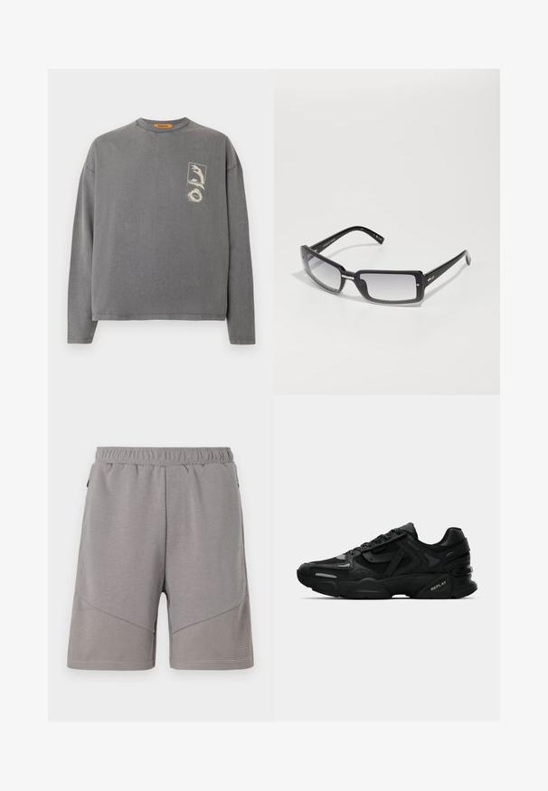 Replay Inc. - Bluzka z długim rękawem; Szare spodenki sportowe z elastycznym pasem, z teksturowanym dolnym panelem i gładką górną częścią.; Czarne sportowe sneakersy z teksturowaną cholewką, odblaskowymi akcentami i amortyzującymi podeszwami. Posiadają sznurówki i logo marki z boku.; Czarne prostokątne okulary przeciwsłoneczne z gradientowym szkłem, z grubą oprawką i metalowymi detalami na zausznikach. Gładka tekstura na całej powierzchni.