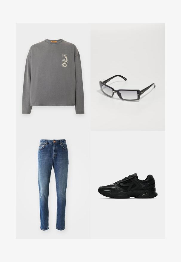 Replay Inc. Tops ar garām piedurknēm - stoned grey; Zili džinsi ar taisnu kāju griezumu, aprīkoti ar pogu aizdari, piecu kabatu dizainu un nelielu izbalēšanu, lai radītu tekstūras kontrastu.; Melnas sporta kedas ar teksturētu virsējo daļu, atstarojošiem akcentiem un mīkstinātiem zolēm. Iespējas ar auklām un zīmola logotipu sānos.; Melnas taisnstūra formas saulesbrilles ar gradienta lēcām, ar masīvu rāmīti un metāla akcentiem uz stariem. Gluda virsma visā.