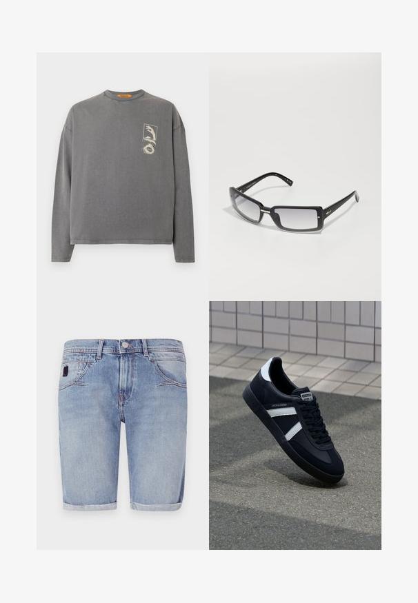 Replay Inc. Pitkähihainen paita - stoned grey; Vaaleansiniset farkkushortsit suoran leikkauksen muotoilulla, käännetyllä lahkeella ja hienovaraisella kulutuksella. Sisältää etutaskut ja pienen kangastagin.; Mustat nahkakengät valkoisilla raidoilla, teksturoitu kumipohja ja nauha edessä. Varustettu merkkitarralla kielen päällä.; Mustat suorakulmaiset aurinkolasit, joissa on gradienttilinssi, paksu kehys ja metalliset yksityiskohdat varsissa. Sileä pinta koko ajan.