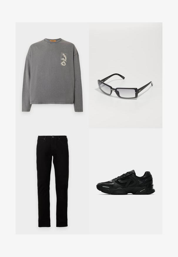 Replay Inc. Camiseta de manga larga - stoned grey; Jeans de mezclilla negra con corte recto, que cuentan con un cierre de botón, cinco bolsillos y detalles de costura sutiles. Textura lisa.; Zapatillas deportivas negras con parte superior texturizada, acentos reflectantes y suelas acolchadas. Presentan cordones y el logotipo de la marca en el lateral.; Gafas de sol rectangulares negras con lentes degradados, con un marco grueso y detalles metálicos en las varillas. Textura suave en toda su superficie.