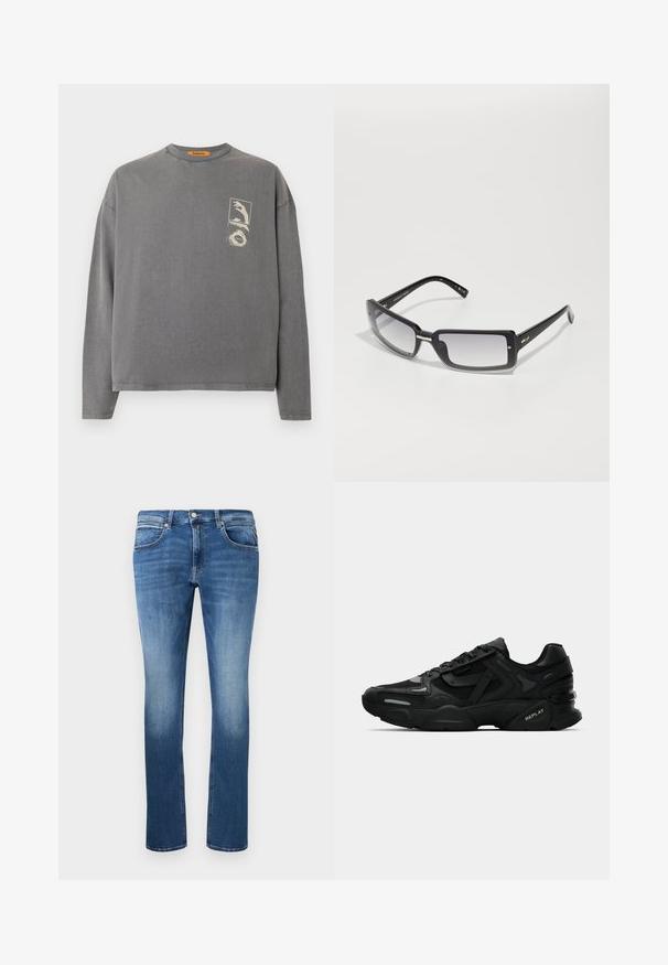 Replay Inc. Majica z dolgimi rokavi - stoned grey; Modra kavbojka s ravno krojem, ki vsebuje svetlo bledenje, pet žepov in gumb in zadrgo. Šivano okrasje vzdolž šivov.; Črne športne superge z teksturirano zgornjosti, odsevnimi poudarki in oblazinjenimi podplati. Imajo vezi in logotip blagovne znamke na strani.; Črne pravokotne sončna očala z gradientnimi lečami, ki imajo debele okvirje in kovinske detajle na rokah. Gladka tekstura po celotni površini.