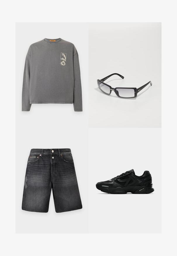 Replay Inc. Camiseta de manga larga - stoned grey; Pantalones cortos de mezclilla negra con un acabado desteñido, que cuentan con cinco bolsillos, herrajes en tono cobre y un diseño de pierna recta.; Zapatillas deportivas negras con parte superior texturizada, acentos reflectantes y suelas acolchadas. Presentan cordones y el logotipo de la marca en el lateral.; Gafas de sol rectangulares negras con lentes degradados, con un marco grueso y detalles metálicos en las varillas. Textura suave en toda su superficie.