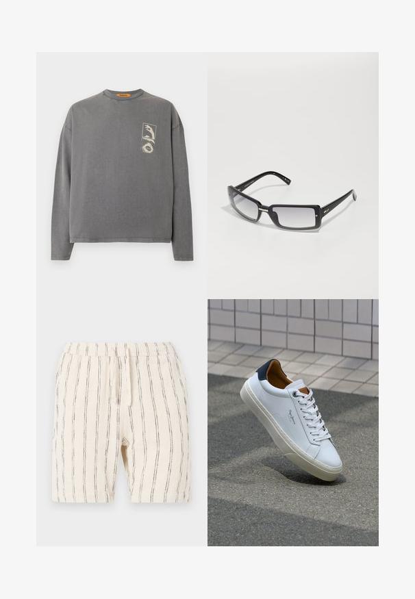 Replay Inc. Camiseta de manga larga - stoned grey; Shorts beige con rayas verticales negras, que cuentan con una cintura elástica con cordón, fabricados con una tela texturizada.; Zapatilla de cuero blanca con talón en azul marino, punta redonda y acentos en marrón a contraste. Presenta cordones planos y suela de goma texturizada.; Gafas de sol rectangulares negras con lentes degradados, con un marco grueso y detalles metálicos en las varillas. Textura suave en toda su superficie.