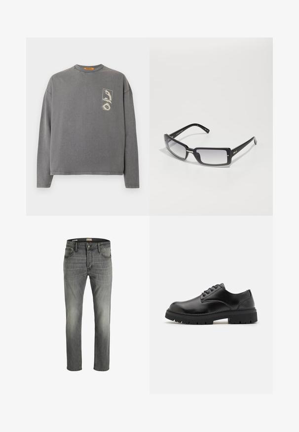 Replay Inc. Majica z dolgimi rokavi - stoned grey; Sive denim hlače s rahlo zbledelim videzom, ravnim krojem, petimi žepi in enim kovinskim gumbom za zapiranje.; Črne usnjene čevlje s podolgovatim prstom, z vezalnim dizajnom in debelim, teksturiranim gumijastim podplatom. Imajo šivanje ob robu in gladko površino.; Črne pravokotne sončna očala z gradientnimi lečami, ki imajo debele okvirje in kovinske detajle na rokah. Gladka tekstura po celotni površini.