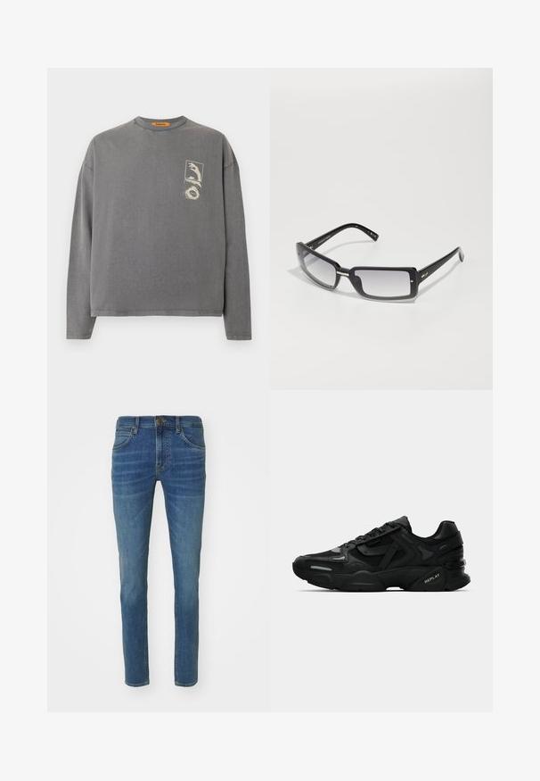 Replay Inc. Majica z dolgimi rokavi - stoned grey; Svetlo modri kavbojke z ozkim krojem, petimi žepi in subtilnim bledenjem na sprednji strani. Kovinski gumb in zadrga za zapiranje.; Črne športne superge z teksturirano zgornjosti, odsevnimi poudarki in oblazinjenimi podplati. Imajo vezi in logotip blagovne znamke na strani.; Črne pravokotne sončna očala z gradientnimi lečami, ki imajo debele okvirje in kovinske detajle na rokah. Gladka tekstura po celotni površini.