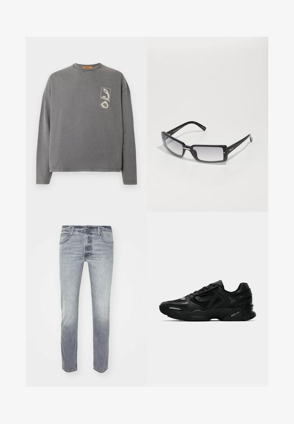 Replay Inc. Pikkade varrukatega topp - stoned grey; Hallide denim püksid kergelt pleekimisega, viiega taskuga disain, lukuga ees ja sirge jala lõikega. Sile tekstuur ja minimaalne õmbluse detail.; Mustad mustad spordijalanõud tekstuurse ülemise osaga, peegeldavate detailidega ja pehmendatud tallaga. Sisetald on seotud ja külgedel on brändi logo.; Mustad ristkülikukujulised prillid gradient objektiividega, pakse raami ja metallist aktsentdetailidega varrukatel. Ühtlane tekstuur kogu ulatuses.