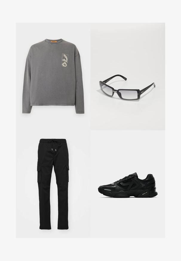 Replay Inc. Long sleeved top - stoned grey; Black cargo pants made of a smooth fabric, featuring an elastic waistband with drawstring, side pockets, and cargo pockets on both legs.; Black athletic sneakers with textured upper, reflective accents, and cushioned soles. Features laces and brand logo on the side.; Black rectangular sunglasses with a gradient lens, featuring a thick frame and metal accent details on the arms. Smooth texture throughout.