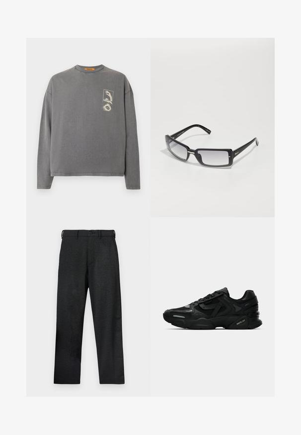 Replay Inc. - Bluzka z długim rękawem; Czarne spodnie z teksturowanej tkaniny, o prostym kroju, z przednimi kieszeniami i zapięciem na guzik w pasie.; Czarne sportowe sneakersy z teksturowaną cholewką, odblaskowymi akcentami i amortyzującymi podeszwami. Posiadają sznurówki i logo marki z boku.; Czarne prostokątne okulary przeciwsłoneczne z gradientowym szkłem, z grubą oprawką i metalowymi detalami na zausznikach. Gładka tekstura na całej powierzchni.