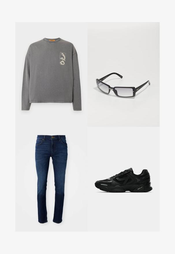 Replay Inc. Tops ar garām piedurknēm - stoned grey; Tumši zila džinsu auduma bikses ar klasisku taisnleņķa piegriezumu, ar pogu aizdari un piecām kabatām. Audumam ir gluda tekstūra.; Melnas sporta kedas ar teksturētu virsējo daļu, atstarojošiem akcentiem un mīkstinātiem zolēm. Iespējas ar auklām un zīmola logotipu sānos.; Melnas taisnstūra formas saulesbrilles ar gradienta lēcām, ar masīvu rāmīti un metāla akcentiem uz stariem. Gluda virsma visā.