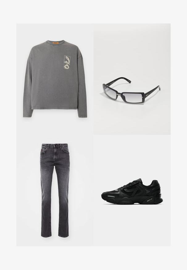 Replay Inc. Camiseta de manga larga - stoned grey; Jeans de mezclilla gris con un diseño de pierna recta, estilo de cinco bolsillos y un desgaste sutil. Cuenta con un botón y cremallera. Sin marcas visibles.; Zapatillas deportivas negras con parte superior texturizada, acentos reflectantes y suelas acolchadas. Presentan cordones y el logotipo de la marca en el lateral.; Gafas de sol rectangulares negras con lentes degradados, con un marco grueso y detalles metálicos en las varillas. Textura suave en toda su superficie.