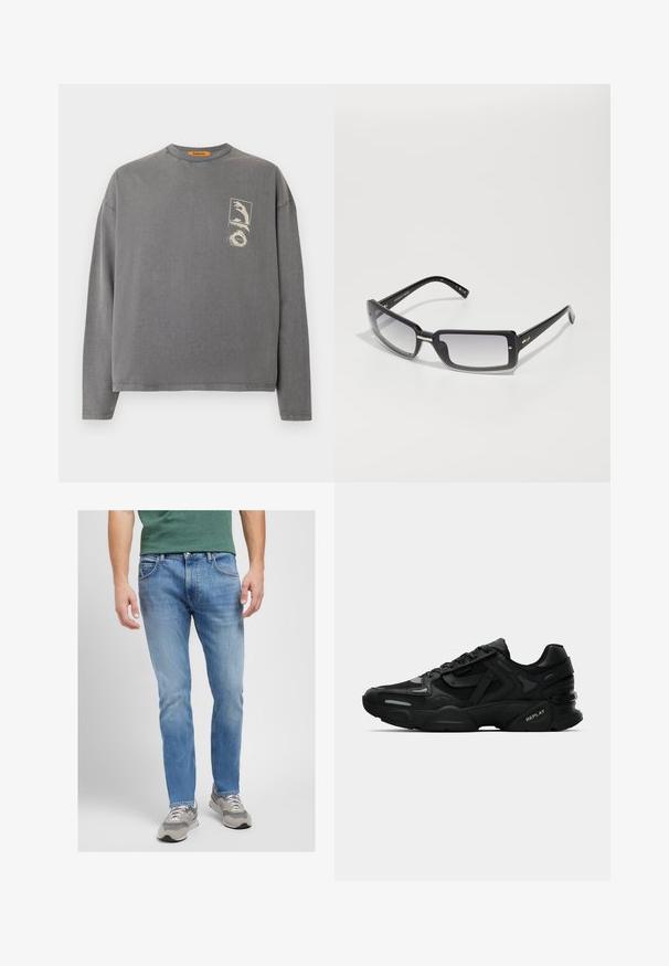 Replay Inc. - Bluzka z długim rękawem; Jasnoniebieskie dżinsy z prostymi nogawkami, posiadające pięć kieszeni, kontrastowe przeszycia i wyblakłe wykończenie. Połączone z szarymi trampkami.; Czarne sportowe sneakersy z teksturowaną cholewką, odblaskowymi akcentami i amortyzującymi podeszwami. Posiadają sznurówki i logo marki z boku.; Czarne prostokątne okulary przeciwsłoneczne z gradientowym szkłem, z grubą oprawką i metalowymi detalami na zausznikach. Gładka tekstura na całej powierzchni.