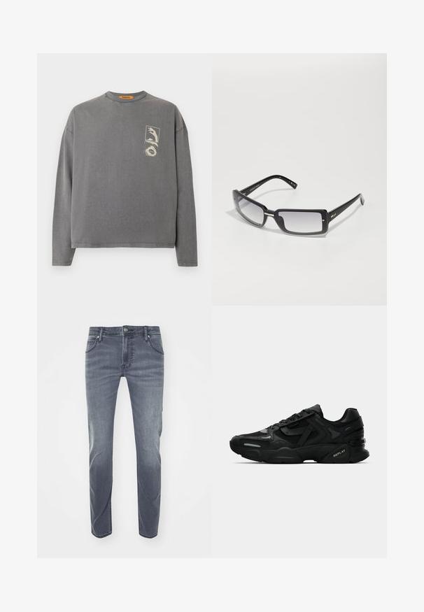 Replay Inc. Pikkade varrukatega topp - stoned grey; Tumed sinine teksariie sirge lõikega, kerge fading, vöörihmade augud, esi-taskud ja väike logo vööümbrisel.; Mustad mustad spordijalanõud tekstuurse ülemise osaga, peegeldavate detailidega ja pehmendatud tallaga. Sisetald on seotud ja külgedel on brändi logo.; Mustad ristkülikukujulised prillid gradient objektiividega, pakse raami ja metallist aktsentdetailidega varrukatel. Ühtlane tekstuur kogu ulatuses.