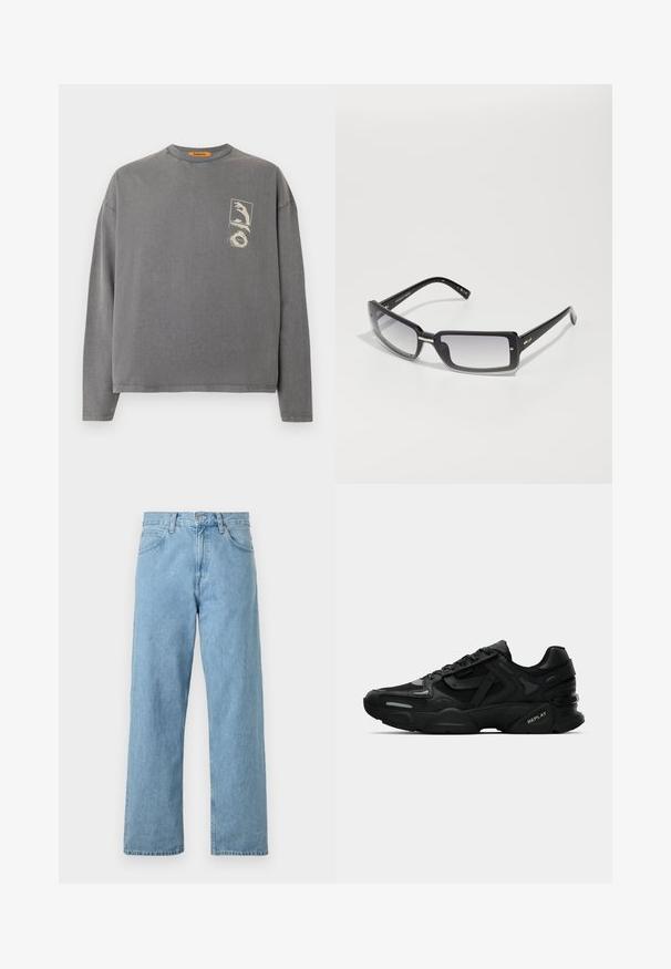 Replay Inc. Ilgarankovis viršutinės dalies drabužis - stoned grey; Šviesiai mėlyni džinsai su tiesiomis kojomis, penkios kišenės, mygtuko ir užtrauktuko uždarymas, ir šiek tiek išblukusi apdaila.; Juodi sportiniai sneakeriai su tekstūruota viršutine dalimi, atspindinčiomis detalėmis ir pagalvotu padu. Yra raišteliai ir prekės ženklas šone.; Juodų stačiakampių saulės akinių su gradientiniu lęšiu, turinčių storą rėmelį ir metalinius akcentus ant kojelių. Visoje apieje glotni tekstūra.