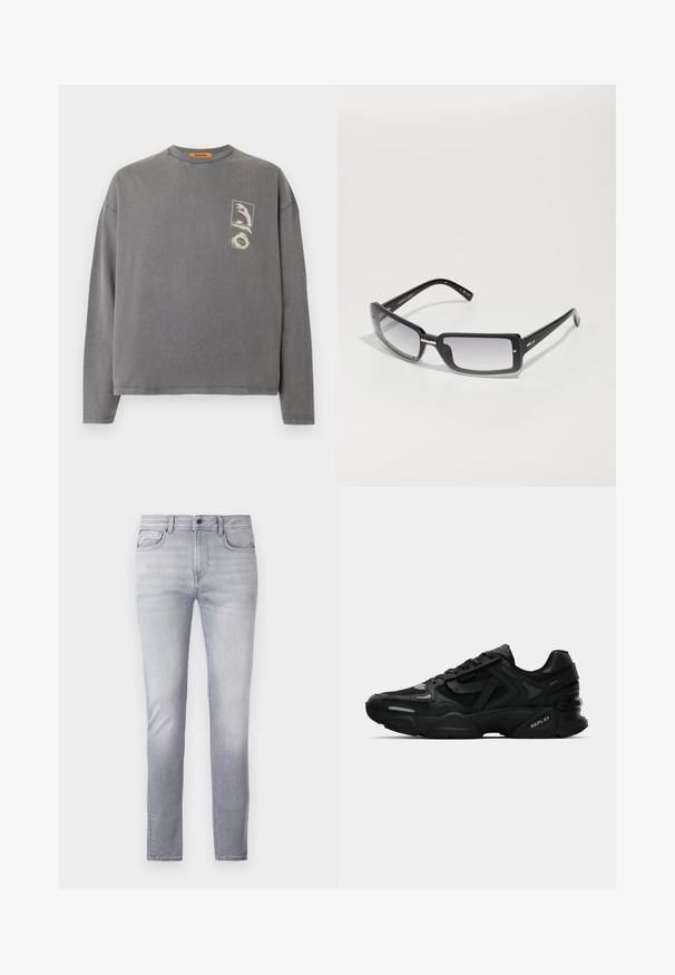 Replay Inc. - Bluzka z długim rękawem; Jasnoszare dżinsy o prostym kroju, pięć kieszeni, zapięcie na guzik i zamek błyskawiczny oraz lekkie przetarcia na udach.; Czarne sportowe sneakersy z teksturowaną cholewką, odblaskowymi akcentami i amortyzującymi podeszwami. Posiadają sznurówki i logo marki z boku.; Czarne prostokątne okulary przeciwsłoneczne z gradientowym szkłem, z grubą oprawką i metalowymi detalami na zausznikach. Gładka tekstura na całej powierzchni.