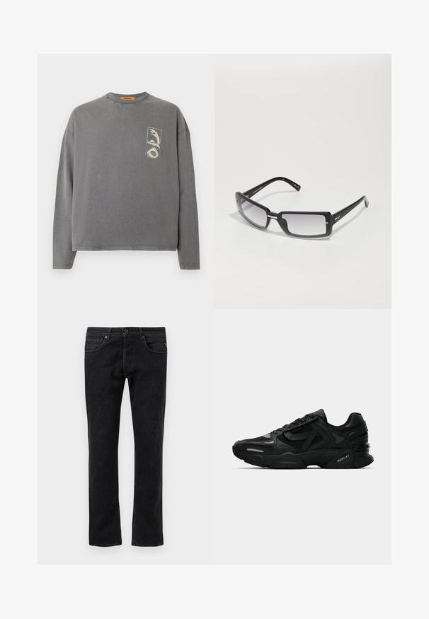 Replay Inc. Ilgarankovis viršutinės dalies drabužis - stoned grey; Juodi džinsai su tiesiu kirpimu, turintys penkis kišenes, subtilų nusidėvėjimą ir oranžinius siūlus.; Juodi sportiniai sneakeriai su tekstūruota viršutine dalimi, atspindinčiomis detalėmis ir pagalvotu padu. Yra raišteliai ir prekės ženklas šone.; Juodų stačiakampių saulės akinių su gradientiniu lęšiu, turinčių storą rėmelį ir metalinius akcentus ant kojelių. Visoje apieje glotni tekstūra.