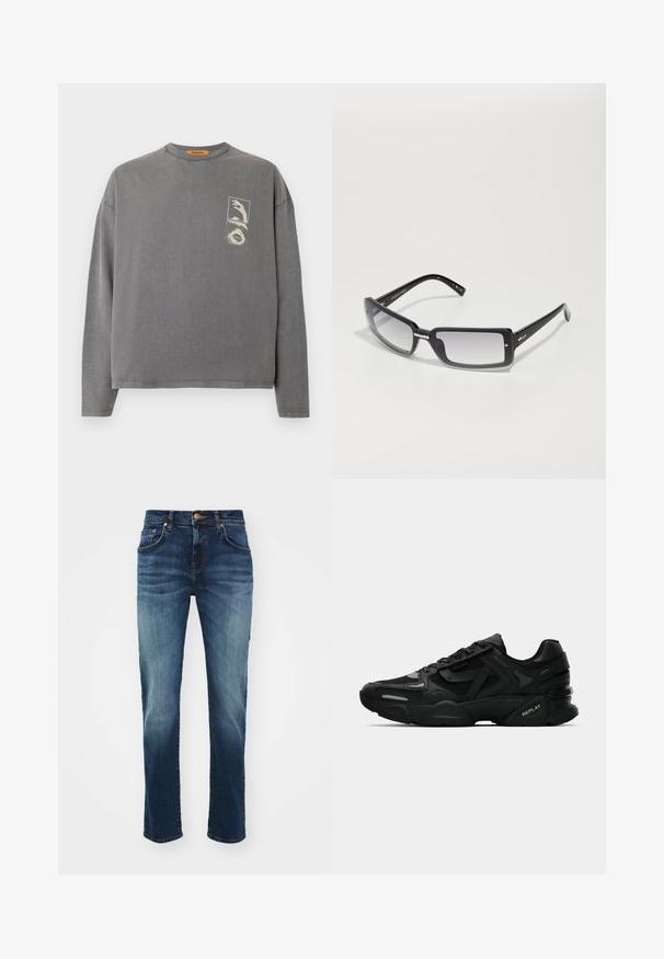 Replay Inc. Pikkade varrukatega topp - stoned grey; Tumed sinised denim teksad, millel on kerge kulumine, viie taskuga disain, nööbiga sulgemine, sirge sääre sobivus ja tugevdatud äär.; Mustad mustad spordijalanõud tekstuurse ülemise osaga, peegeldavate detailidega ja pehmendatud tallaga. Sisetald on seotud ja külgedel on brändi logo.; Mustad ristkülikukujulised prillid gradient objektiividega, pakse raami ja metallist aktsentdetailidega varrukatel. Ühtlane tekstuur kogu ulatuses.
