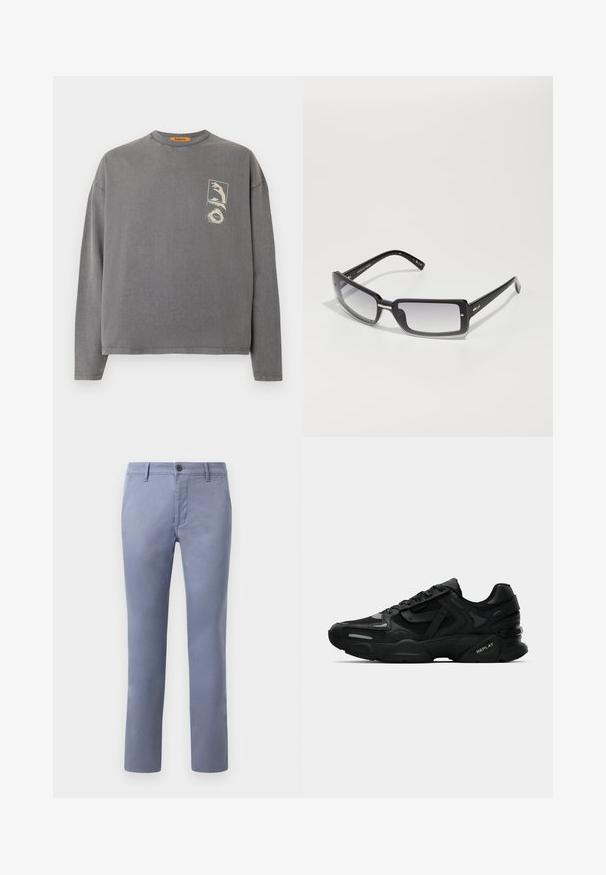 Replay Inc. Pikkade varrukatega topp - stoned grey; Heledad sinine puuvillane chinos, millel on kitsas lõike, nööpkinnitus, vöökonksud ja küljetaskud, sile tekstuur ning sirged sääred.; Mustad mustad spordijalanõud tekstuurse ülemise osaga, peegeldavate detailidega ja pehmendatud tallaga. Sisetald on seotud ja külgedel on brändi logo.; Mustad ristkülikukujulised prillid gradient objektiividega, pakse raami ja metallist aktsentdetailidega varrukatel. Ühtlane tekstuur kogu ulatuses.