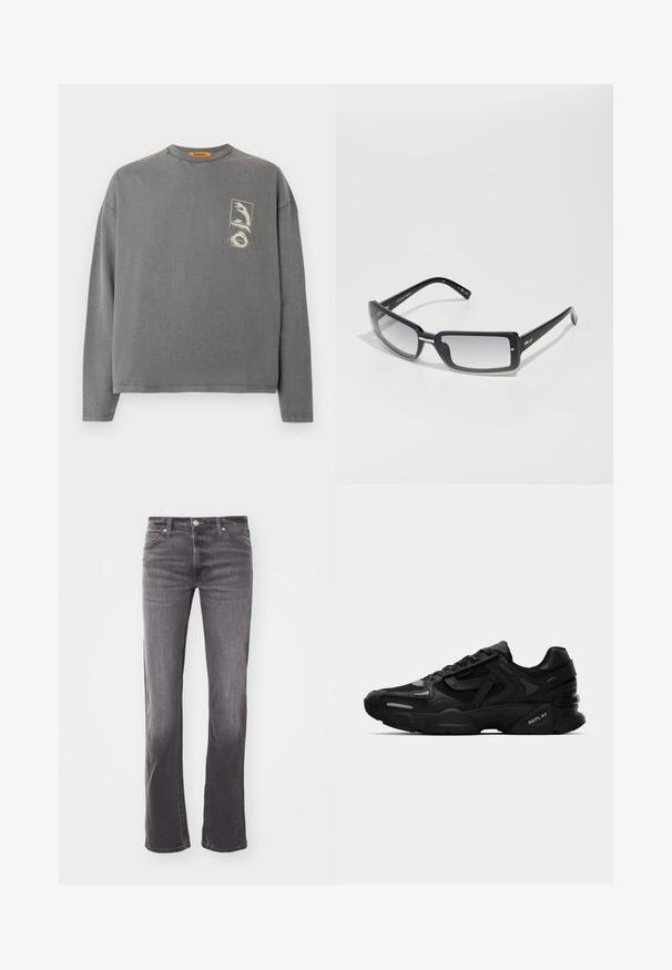 Replay Inc. Pikkade varrukatega topp - stoned grey; Meeste sirge lõikega tumehallid teksased, millel on vööaasad, eesmine taskud ja nööbilukustus.; Mustad mustad spordijalanõud tekstuurse ülemise osaga, peegeldavate detailidega ja pehmendatud tallaga. Sisetald on seotud ja külgedel on brändi logo.; Mustad ristkülikukujulised prillid gradient objektiividega, pakse raami ja metallist aktsentdetailidega varrukatel. Ühtlane tekstuur kogu ulatuses.