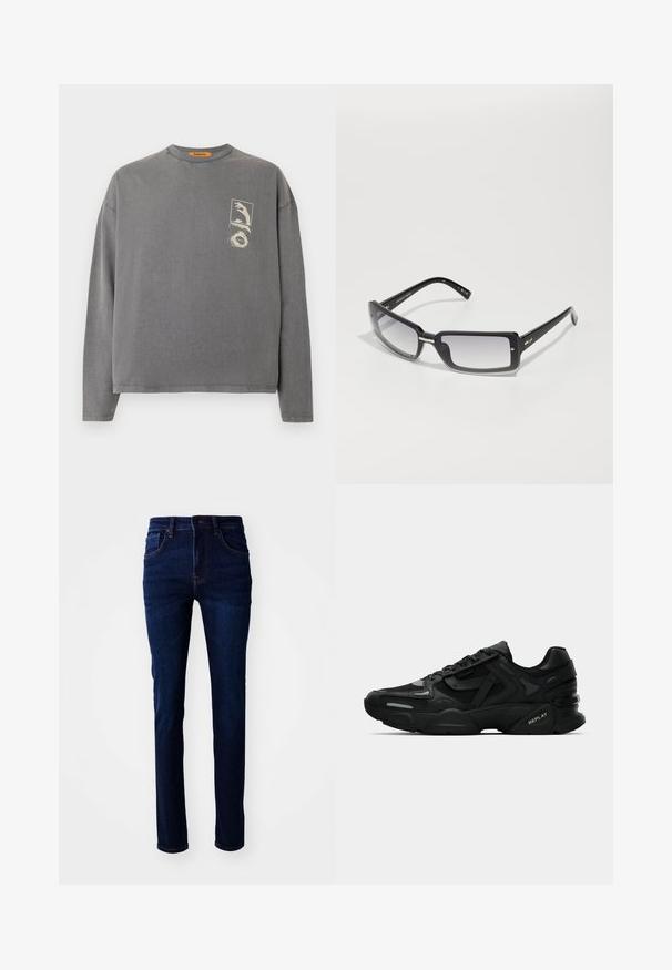 Replay Inc. Tops ar garām piedurknēm - stoned grey; Tumši zili džinsi ar taisnu griezumu, piecu kabatu dizainu un smalkām šuvēm. Audumam ir gluda tekstūra.; Melnas sporta kedas ar teksturētu virsējo daļu, atstarojošiem akcentiem un mīkstinātiem zolēm. Iespējas ar auklām un zīmola logotipu sānos.; Melnas taisnstūra formas saulesbrilles ar gradienta lēcām, ar masīvu rāmīti un metāla akcentiem uz stariem. Gluda virsma visā.