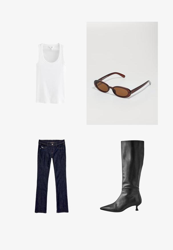 Bjela majica na bretele izrađena od rebrastog pamučnog materijala, sa okruglim izrezom i širokim naramenicama, bez vidljivih uzoraka ili akcenata.; Tamno plave traperice s ravnim nogavicama, koje imaju prednje kopčanje na gumb, pet džepova i vidljivo šivanje uz šavove.; Crne kožne čizmice do koljena s šiljastim vrhom i malim blok-petom, s glatkom teksturom i elegantnom siluetom.; Okvir okruglih, smeđkastih sunčanih naočala s sjajnim burgundskim okvirom. Uski nositelji s suptilnim brendiranjem. Ravna leća.