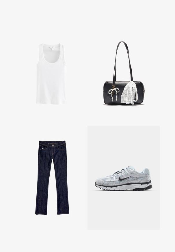 Top alb din bumbac ribanat, cu decolteu rotund și bretele late, fără niciun model sau accent vizibil.; Jeans din denim de culoare albastră închisă, cu un design drept, având o închidere cu nasture în față, cinci buzunare și cusături vizibile de-a lungul cusăturilor.; Tenisii Nike P-6000 cu un upper din plasă gri deschis, accente negre și o talpă din cauciuc negru durabilă. Caracterizează un design complex și un sistem de șireturi sofisticat.; Even&Odd Geantă de mână - black