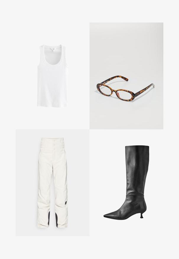Bílý tílko vyrobené z žebrované bavlny, s kulatým výstřihem a širokými ramínky, bez viditelných vzorů či akcentů.; Bílé sněhové kalhoty s vysokým staženým pasem, dvěma předními kapsami a černými detaily na lemech. Vyrobené z hladkého, voděodolného materiálu.; Černá kožená vysoká bota po kolena s špičatou špičkou a malým blokovým podpatkem, která má hladkou texturu a elegantní siluetu.; Kočičí brýle v želvovinovém vzoru s oválnými čočkami, lesklým povrchem, štíhlými nohami a jemnými vzory připomínajícími tygří pruhy.; Černá kožená hobo taška s volným designem, širokým ramenním popruhem a hladkým povrchem. Obsahuje jedno zipové uzavření na boku.
