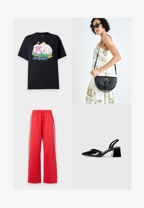 Melns kokvilnas T-krekls ar krāsainu grafiku, kas attēlo rozā trušu un baltu kaķi ar ziediem, kā arī uzrakstu "Converse" zilu burtiem.; Sarkani sporta bikses ar plašu kāju, elastīgu jostasvietu un sašūtu auklu. Iespējas ar baltām sānu svītrām un gludu, vieglu materiālu.; Melna lakota āda ar atvērto papēdi, ar smailu purngalu un ģeometrisku blokpapēdi. Iezīmējas elegants, minimāls dizains un gluda tekstūra.; Melnas ādas rokassoma ar izliekta formu, noņemamu siksnu un zelta aksesuāriem. Somai ir vāciņš ar sprādzes detaļu.