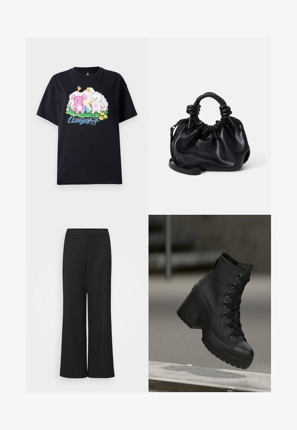 Czarny bawełniany T-shirt z kolorową grafiką przedstawiającą różowego królika i białego kota wśród kwiatów, obok napisu "Converse" w niebieskiej czcionce.; Czarne spodnie szerokie z białymi prążkami, wykonane z gładkiego materiału, z płaskim paskiem w talii i dopasowanym krojem dla uzyskania strukturalnego fasonu.; Czarne wysokie buty na platformie z teksturowanej skóry, z przodem sznurowanym i masywnym obcasem. Posiadają gumową podeszwę z wyraźnymi wzorami bieżnika.; Czarna skórzana torebka o marszczonym wzorze, z krótkimi, zaokrąglonymi uchwytami i odpinanym paskiem na ramię. Gładka tekstura i miękka sylwetka.