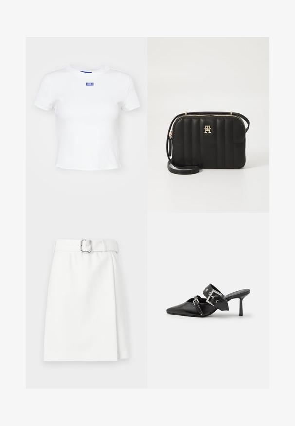 T-shirt en coton blanc à manches courtes, col rond, avec un patch logo rectangulaire bleu portant l'inscription "HUGO" au centre avant.; Jupe mini blanche avec une ceinture, présentant une texture lisse et une légère forme en A. Détails de boucle en métal et passants de ceinture inclus.; Mules noires à talons hauts avec un bout pointu, en cuir lisse. Dotées d'une large sangle à la cheville avec une boucle carrée en argent et des clous.; Sac à bandoulière matelassé noir en matériaux synthétiques avec des finitions dorées, doté d'une fermeture zippée et d'un détail logo sur le devant.