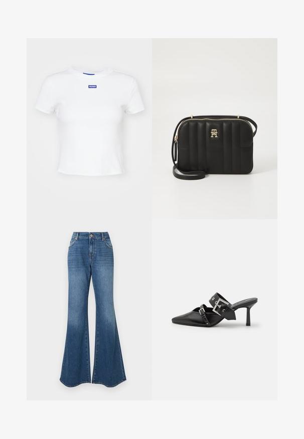 Balta kokvilnas T-krekls ar īsām piedurknēm, apaļu kakla izgriezumu un zilu taisnstūra logotipa uzklājumu ar vārdu "HUGO" priekšā centra.; Zilās izplēstās džinsēs ar klasisku džinsu audumu, augstu jostasvietu un smalku nolietojumu, ar platām potītēm, bez redzamām rotājumiem.; Melnas augstpapēžu mūles ar norādītu purngalu, izgatavotas no gludas ādas. Iekļauj plašu potītes siksnu ar kvadrātveida sudraba sprādzi un kniedēm.; Melna kvadrāta formas plecu soma, kas izgatavota no sintētiska materiāla, ar zelta toņa detaļām. Soma aprīkota ar rāvējslēdzēju un logotipa apdari priekšpusē.