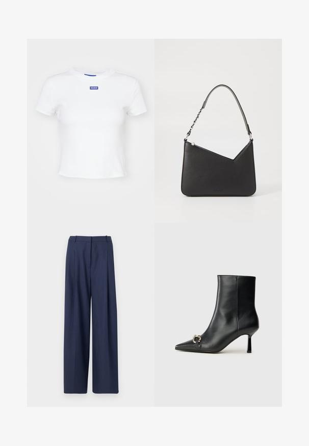 T-shirt branca de algodão com mangas curtas, decote redondo e um retângulo azul com o logo "HUGO" no centro da frente.; Calças largas azul-marinho feitas de tecido texturizado, com frente pregueada e uma cintura estruturada com passantes para cinto.; Bota preta de couro até ao tornozelo com bico apontado, salto slim de altura média e detalhe em fivela prateada de lado, contra um fundo simples.; Bolsa de couro preta com formato triangular, alça fina e detalhes em metal prateado. Apresenta um fecho com zíper e logótipo em relevo na parte frontal.