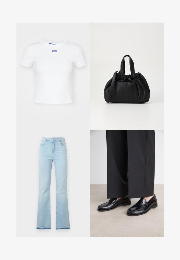 White cotton t-shirt with short sleeves, round neckline, and a blue rectangular logo patch reading "HUGO" on the front center.; Light blue flared jeans made of denim, featuring a high waist, front pockets, and a raw hem at the cuffs for a casual look.; Black leather loafers with a smooth finish, stitched detailing around the toe, and a low rubber sole. Paired with wide black trousers.; Black leather handbag with a gathered top design, featuring two short handles and a long adjustable strap. Smooth texture, rounded shape.