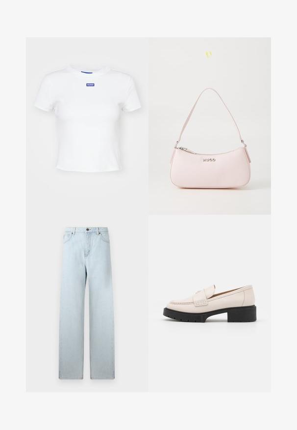 Valge puuvillane T-särk lühikeste varrukatega, ümmarguse kaelusega ning esiküljel sinine ristkülikuline logopatch, millel on kirjas "HUGO".; Heled sinine laia jalaga teksapüksid kõrge vöökohaga, esi-taskud ja nööbiga sulgemine. Sile denim tekstuur, minimaalne kulumine, sirge jala disain.; Heled paar heleda beezžilederist valmistatud mokassiinide, millel on õmmeldud esiosa ja tekstureeritud must platvormkonts. Omab kaardus disaini ja kerget tõstet.; Roosa nahast käekott, millel on kaarjas disain, lukuga sulgemine ja õlavarre rihm. Esiküljel on hõbedane logo.