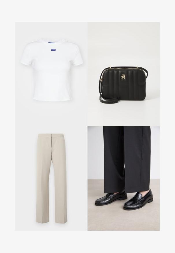 Hvit bomull t-skjorte med korte ermer, rund halsutskjæring og et blått rektangulært logo-merke med teksten "HUGO" på midten av framsiden.; Beige rette ben bukser med flat front og ingen synlig maskinvare eller mønstre. Laget av glatt stoff, med en ren og enkel design.; Sorte skinnloafere med en glatt overflate, sydd detaljer rundt tåen, og en lav gummisåle. Kombinert med vide svarte bukser.; Svart quilted crossbody-veske laget av syntetisk materiale med gulltonet maskinvare, med glidelås-lukking og logo-detalj på fronten.