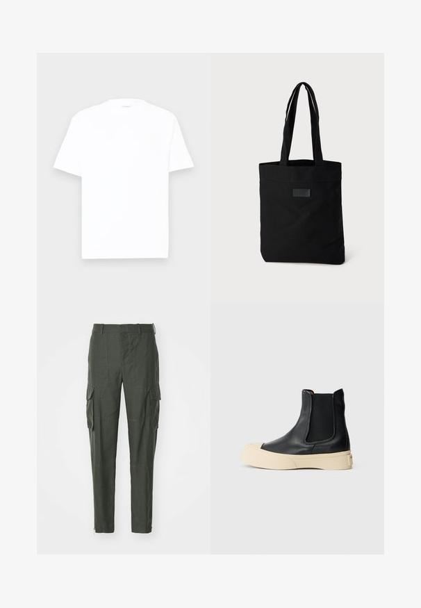 T-shirt bianca in cotone con colletto rotondo, maniche corte e vestibilità comoda. Tessuto liscio, dettagli minimi e senza motivi o grafiche.; Pantaloni cargo in tessuto verde scuro, con numerose tasche laterali, un taglio dritto e una cerniera alla caviglia per una vestibilità regolabile.; Stivaletti neri in pelle con punta rotonda e suola piatta beige. Caratterizzati da lati elasticizzati per una facile calzata e una texture liscia.; Borsa a spalla nera in tela con due manici, con una parte superiore piatta, superficie testurizzata e un piccolo logo impresso sul davanti.