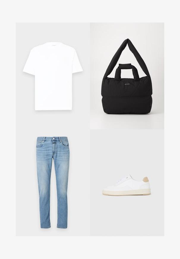 T-shirt en coton blanc avec un col rond, des manches courtes et une coupe décontractée. Texture lisse, détails minimaux, sans motifs ni graphiques.; Jean en denim bleu clair avec une coupe droite, cinq poches et des coutures visibles. Le tissu semble doux avec une finition délavée.; Baskets basses blanches avec un dessus en cuir texturé, semelle crémée à stries, et accent de talon tan. Présente des lacets blancs et un logo sur le talon.; Sac rembourré noir avec une large bandoulière douce et une poignée supérieure. Comprend une fermeture à glissière et un logo discret à l'avant.