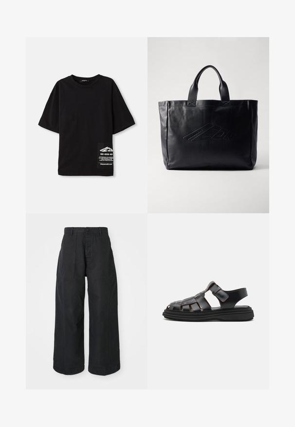 Crna oversized majica od pamuka, s kratkim rukavima, okruglim izrezom i oznakom s bijelim tekstom na bočnoj zakrpe.; Crne široke hlače od platna s kopčanjem na gumb, s dva prednja džepa i opuštenim krojem.; Crne kožne sandale s pletenim dizajnom, s podesivim trakama, metalnim detaljima i debelim crnim potplatom za stabilnost.; Crna kožna torba s dvije gornje ručke, reljefnim logotipom sprijeda, pravokutnim oblikom i glatkom teksturom.